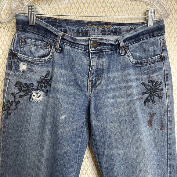 American Eagle Hipster Fit Skinny Flare Embroidered Ripped Blue Denim Size 8 - Picture 2 of 12